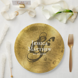 Prato De Papel Casamento Dourado Antiquado de Mapa Metálico