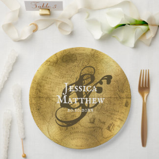 Prato De Papel Casamento Dourado Antiquado de Mapa Metálico