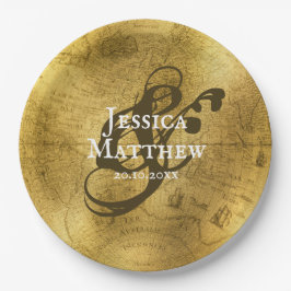 Prato De Papel Casamento Dourado Antiquado de Mapa Metálico