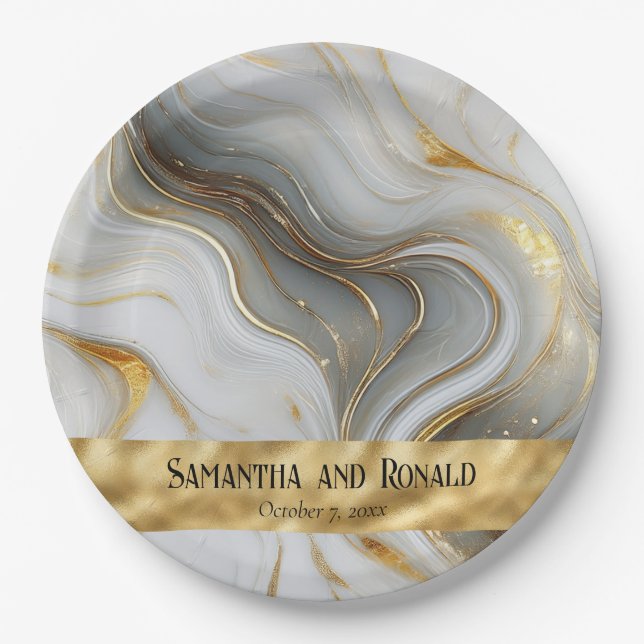 Prato De Papel Casamento Dourado, Branco e Cinza Marmoreado (Frente)