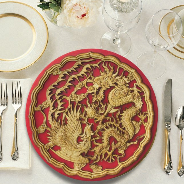 Prato De Papel Casamento Dourado Chinês Vermelho de Phoenix (Dragon Phoenix Red Gold Chinese Wedding Paper Plates)