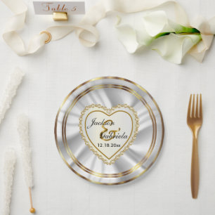 Prato De Papel Casamento Dourado clássico e Satin White ou Anive