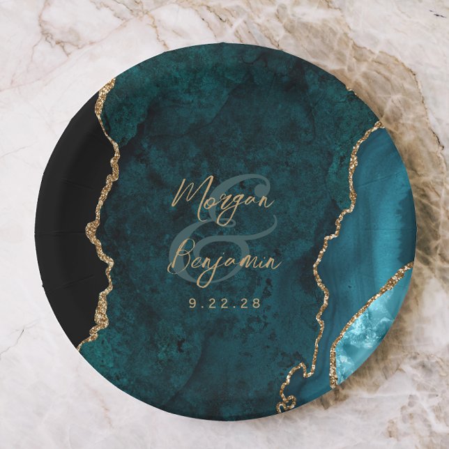 Prato De Papel Casamento Dourado com Script Teal Blue Agate (Criador carregado)