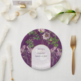 Prato De Papel Casamento Dourado de Arca com Verde Floral Roxo
