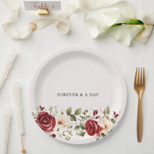 Prato De Papel Casamento Dourado de Rosas de Creme Vermelho (Casamento)