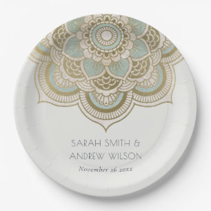 Prato De Papel Casamento Dourado de Téal Turquoise Mandala, Orna