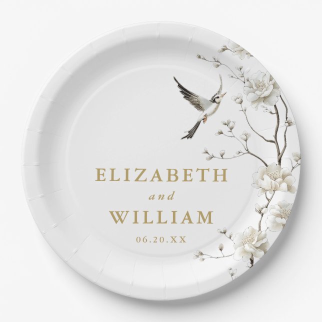 Prato De Papel Casamento Dourado do Jardim Floral Chinoiserie (Frente)