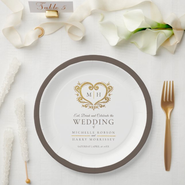 Prato De Papel Casamento Dourado do monograma da coroa marrom (Casamento)