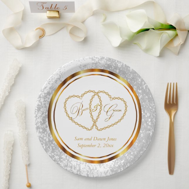 Prato De Papel Casamento Dourado e Branco Elegante (Casamento)
