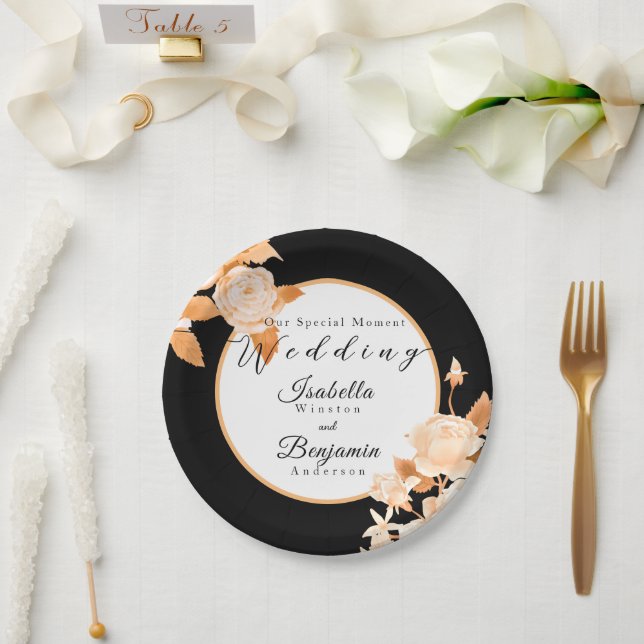 Prato De Papel Casamento Dourado e elegante de Rosa negro (Casamento)