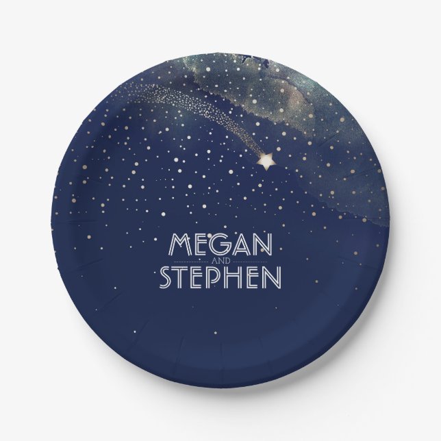 Prato De Papel Casamento Dourado e Marinho de Star Night (Frente)