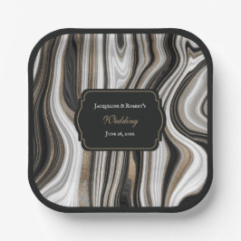 Prato De Papel Casamento Dourado e negro elegante de mármore