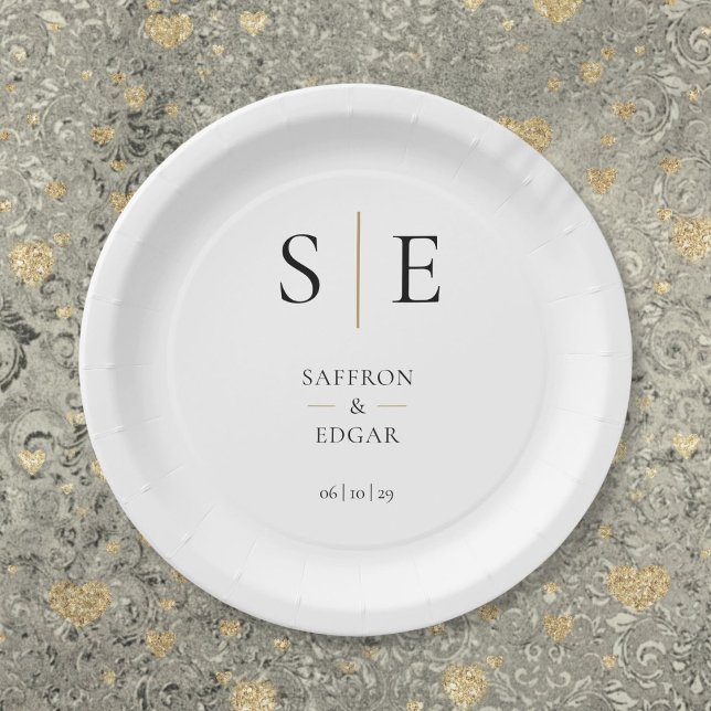 Prato De Papel Casamento Dourado E Preto Do Monograma Elegante (Elegant Monogram Black And Gold Wedding Paper Plates)
