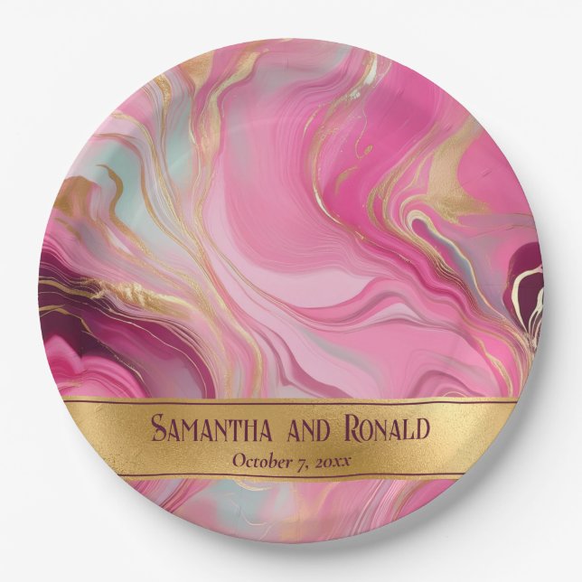 Prato De Papel Casamento Dourado e rosa marmoreado Elegante Faux (Frente)