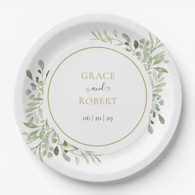 Prato De Papel Casamento Dourado Elegante de Folhagem de Greenery (Frente)