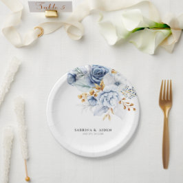 Prato De Papel Casamento Dourado Floral Branco Dusty Blue