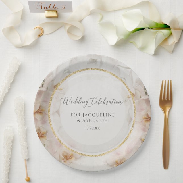 Prato De Papel Casamento Dourado Floral das Flores de Orquídeas B (Casamento)