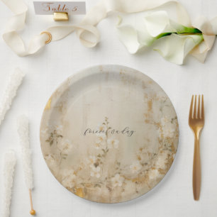 Prato De Papel Casamento Dourado Floral Romântico de Creme Branco