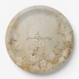 Prato De Papel Casamento Dourado Floral Romântico de Creme Branco