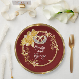 Prato De Papel Casamento Dourado legante de Borgonha Personalizad