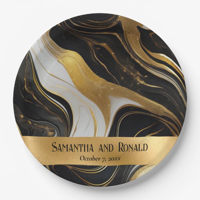 Prato De Papel Casamento Dourado, preto e branco marmoreado Elega (Frente)