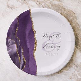 Prato De Papel Casamento Dourado Roxo Pálido do Script Geode Agat