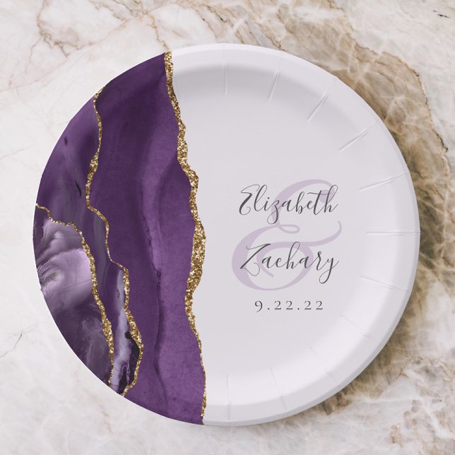 Prato De Papel Casamento Dourado Roxo Pálido do Script Geode Agat (Criador carregado)