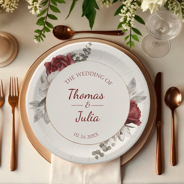 Prato De Papel Casamento Elegante Burgundy & Silver Watercolor (Elegant Burgundy & Silver Watercolor Wedding Paper Plates)