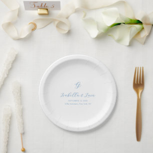 Prato De Papel Casamento Elegante Chic de Costa Azul e Branco