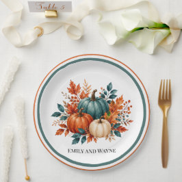 Prato De Papel Casamento Elegante com Abóbora em Ferrugem e Azul