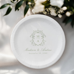 Prato De Papel Casamento Elegante com Crista de Monograma em Chin