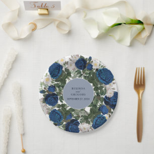 Prato De Papel Casamento Elegante com Floral Azul Moderno em Aqua