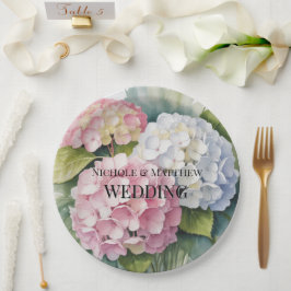 Prato De Papel Casamento Elegante com Hortênsias em Aquarela