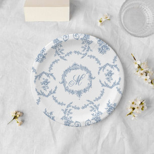 Prato De Papel Casamento Elegante com Toile de Jouy Azul Vintage 