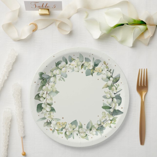 Prato De Papel Casamento Elegante de Cream Snowberry+Eucalyptus W (Casamento)