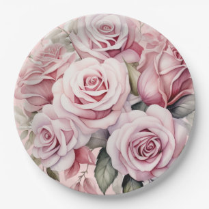 Prato De Papel Casamento Elegante de Rosas Rosa