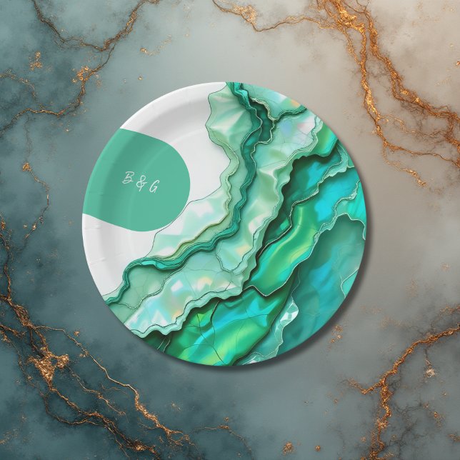 Prato De Papel Casamento Elegante de Teal Marble Watercolor (Criador carregado)