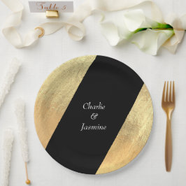 Prato De Papel Casamento Elegante Moderno com Folha de Ouro Preto