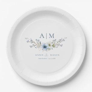Prato De Papel Casamento Elegante Monograma Azul Poeirento