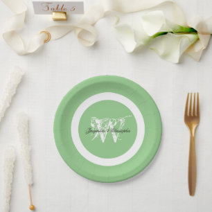 Prato De Papel Casamento Elegante Monograma Nome Chic Pastel Verd