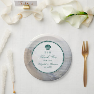Prato De Papel Casamento Elegante Monograma & Teal Scallop Beach