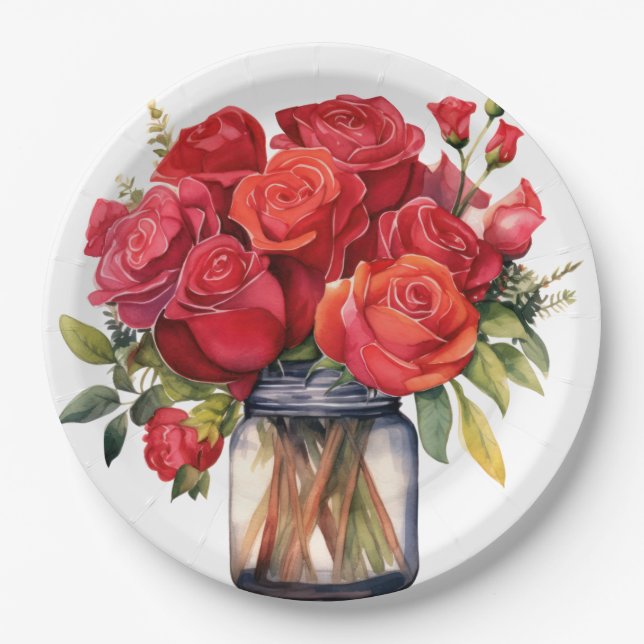 Prato De Papel Casamento Elegante Rosa vermelha (Frente)