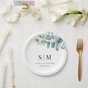 Prato De Papel Casamento Elegante Simples de Eucalipto com Inicia