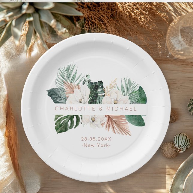 Prato De Papel Casamento elegante, tropical, foliar (Elegant, tropical, leafy wedding paper plates with your name and date.)