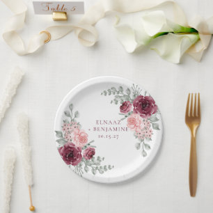 Prato De Papel Casamento em Aquarela Rosa e Burgundy Elegante