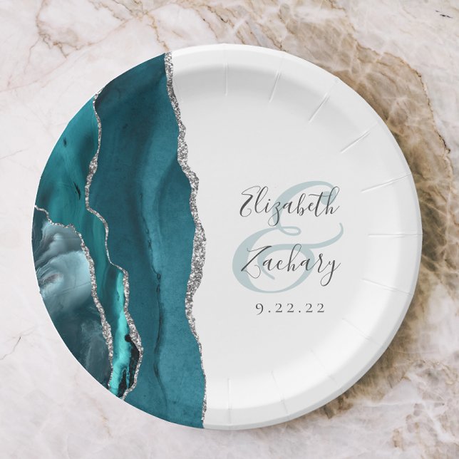 Prato De Papel Casamento em Teal com Letra de Ágata Geodo Prata (Criador carregado)