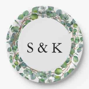Prato De Papel Casamento Eucalyptus com Aquarela Elegante