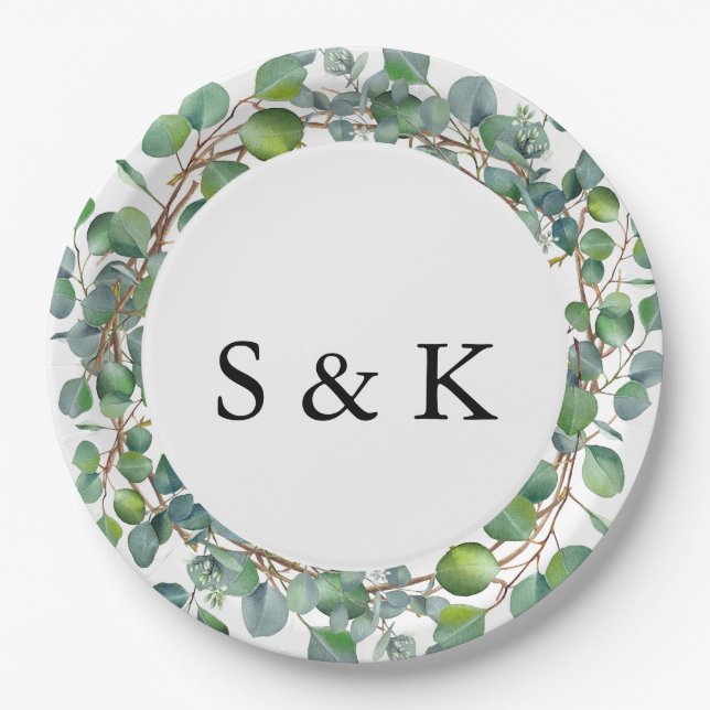 Prato De Papel Casamento Eucalyptus com Aquarela Elegante (Frente)
