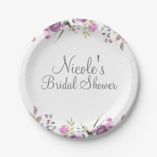 Prato De Papel Casamento Floral Aquarela Lilás Lavanda Roxo