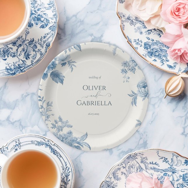 Prato De Papel Casamento Floral Azul-Azul, Toile Francesa Elegant (Criador carregado)